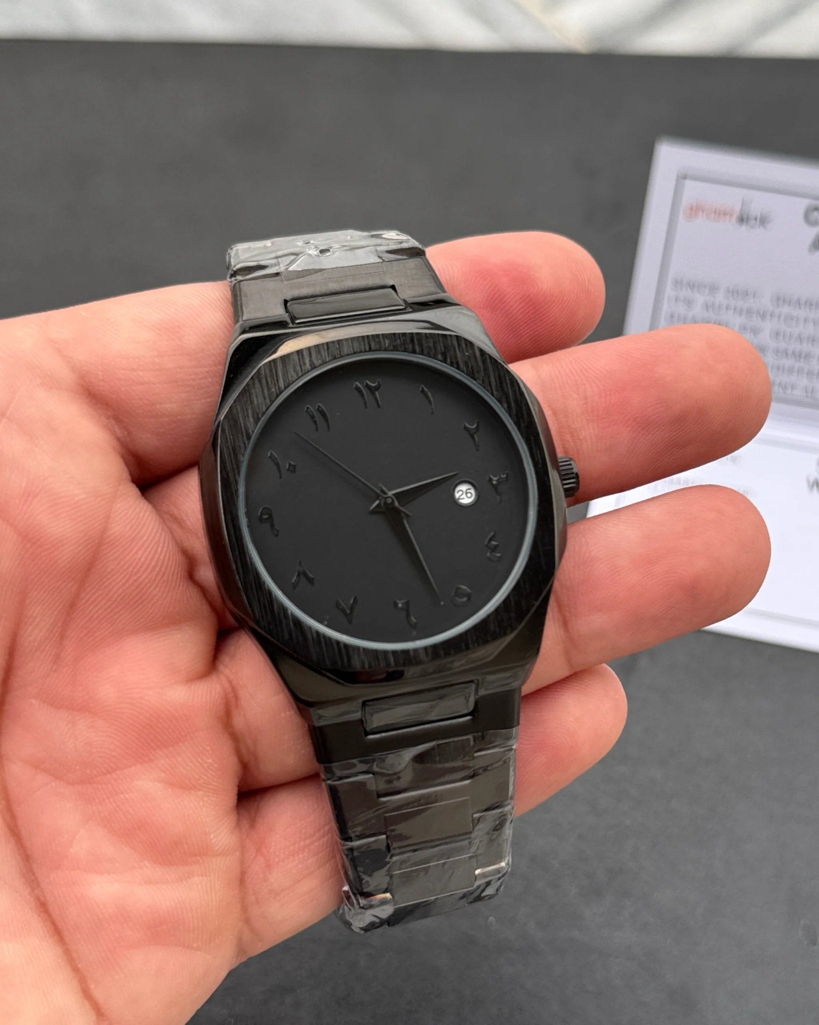 Arabic Edition Black Aura with Date - Ultra High Quality Stainless Steel Heavy Weight Edition (+150gm) - waqt