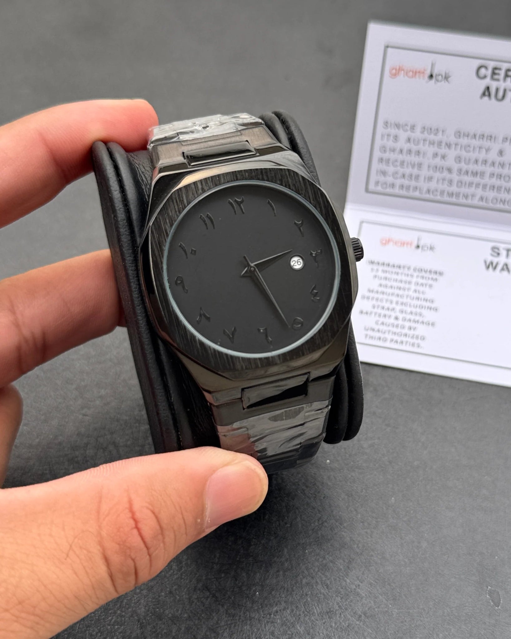 Arabic Edition Black Aura with Date - Ultra High Quality Stainless Steel Heavy Weight Edition (+150gm) - waqt